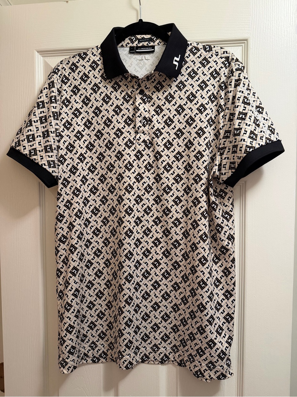 J.Lindeberg Cream Polo with Black Monogram Pattern